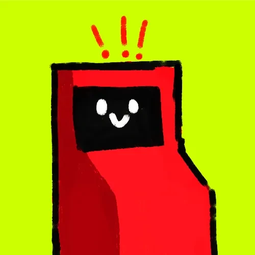 RH Machines: Red arcade character on a lime background